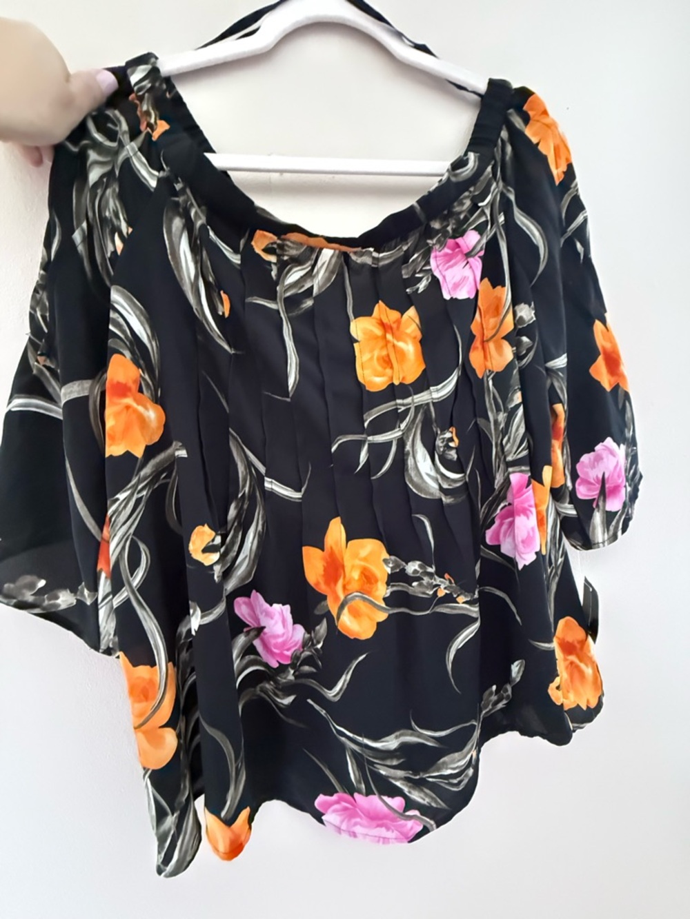 Floral Off-Shoulder Blouse in Black with Orange & Pink Blooms
